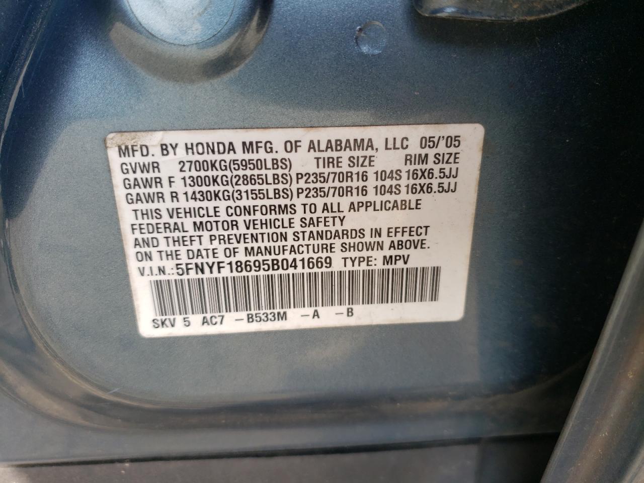 Photo 20 from auction – 2005 HONDA PILOT EXL with VIN 5FNYF18695B041669