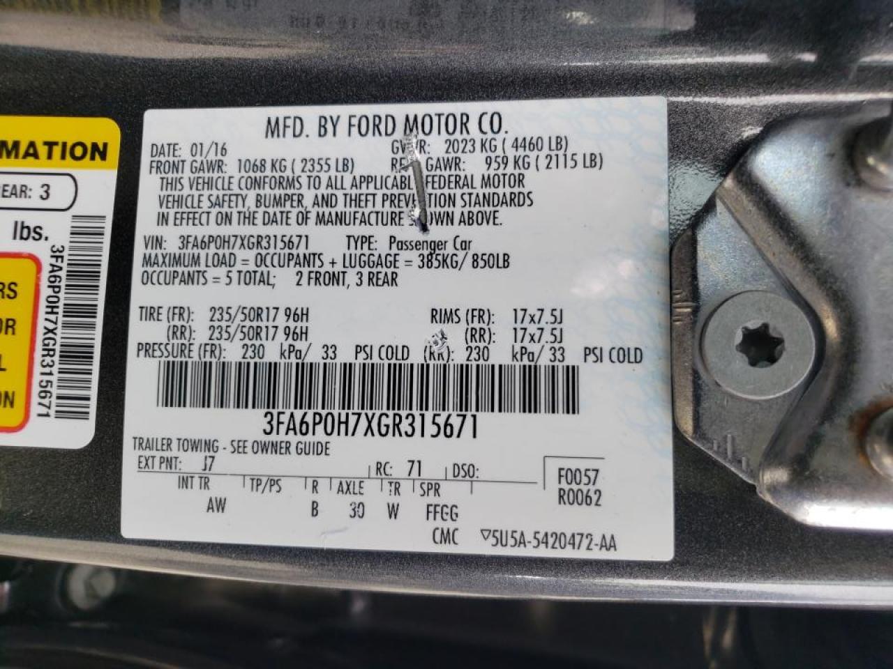 Photo 10 from auction – 2016 FORD FUSION SE with VIN 3FA6P0H7XGR315671