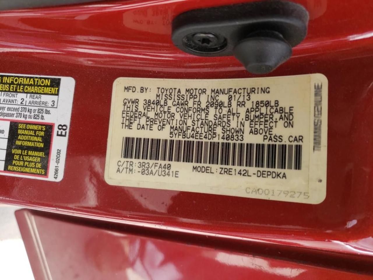 Photo 10 from auction – 2013 TOYOTA COROLLA BA with VIN 5YFBU4EE4DP140833