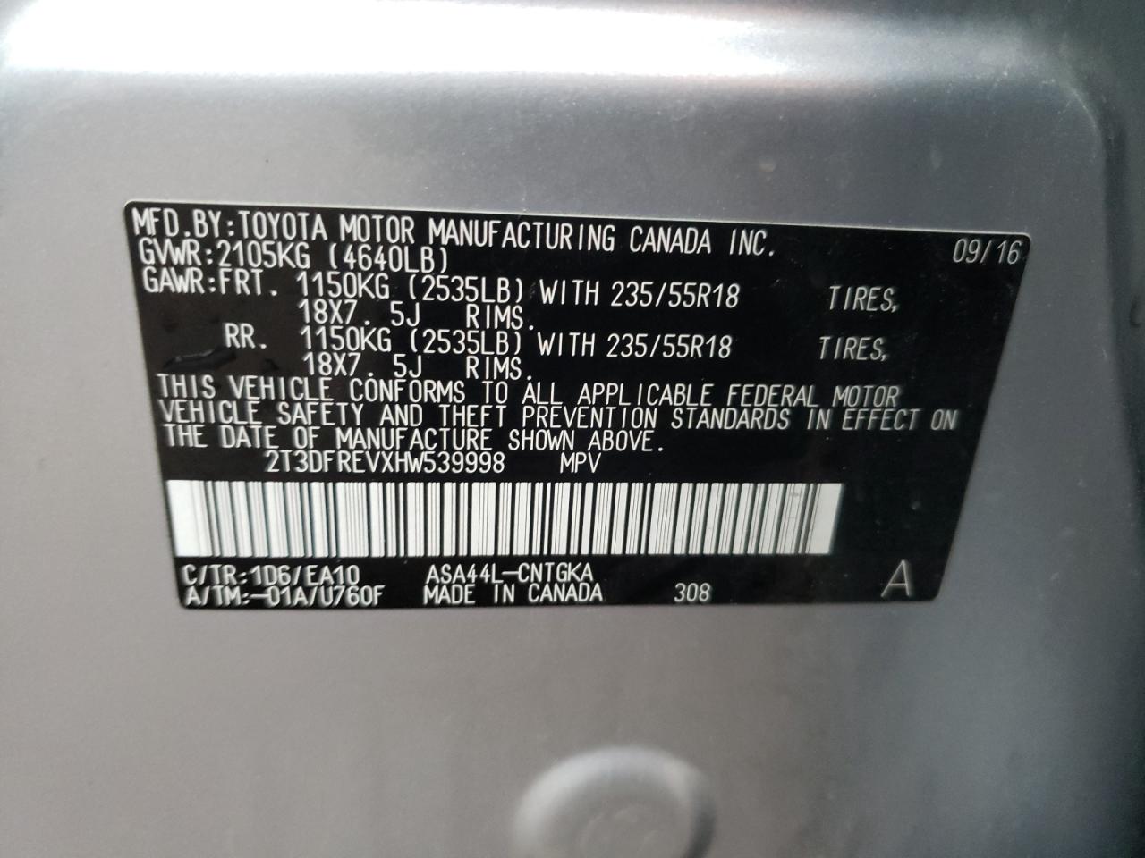 Photo 10 from auction – 2017 TOYOTA RAV4 LIMIT with VIN 2T3DFREVXHW539998