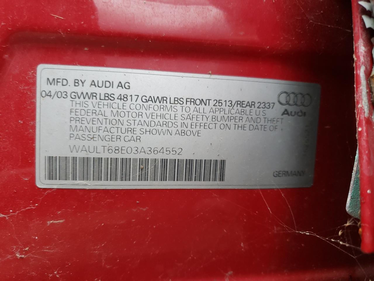 Photo 10 from auction – 2003 AUDI A4 3.0 QUA with VIN WAULT68E03A364552