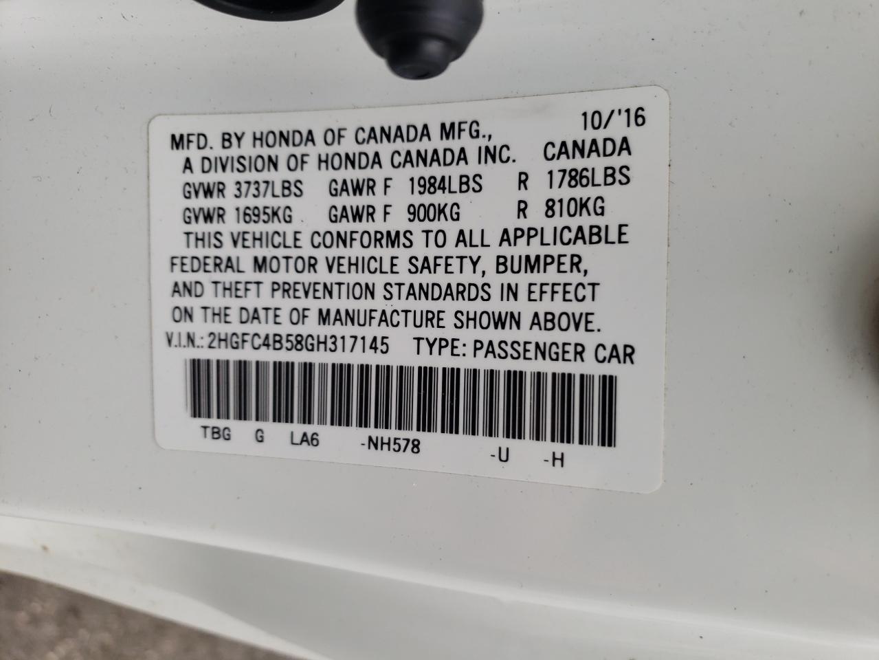 Photo 10 from auction – 2016 HONDA CIVIC LX with VIN 2HGFC4B58GH317145