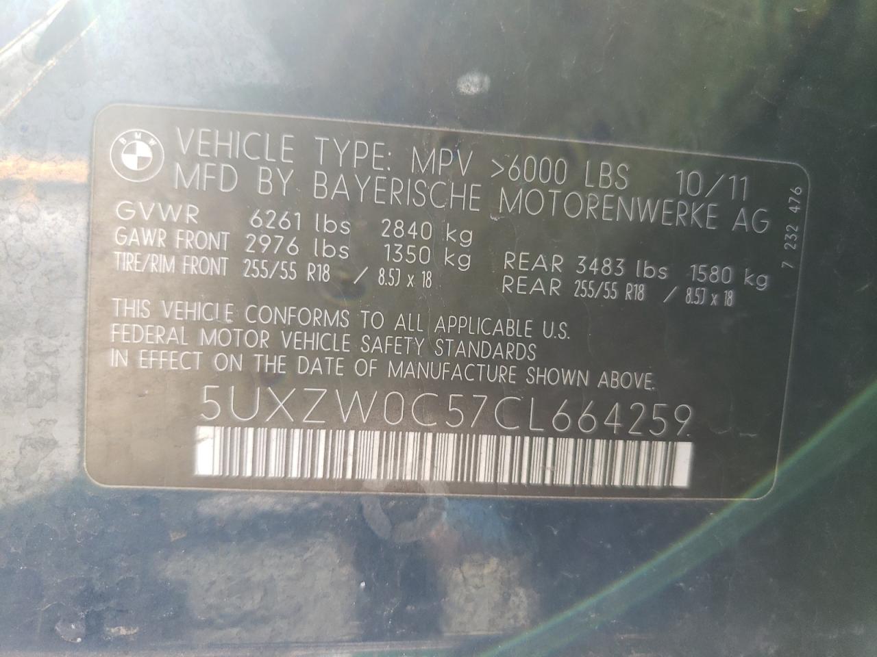 Photo 10 from auction – 2012 BMW X5 XDRIVE3 with VIN 5UXZW0C57CL664259