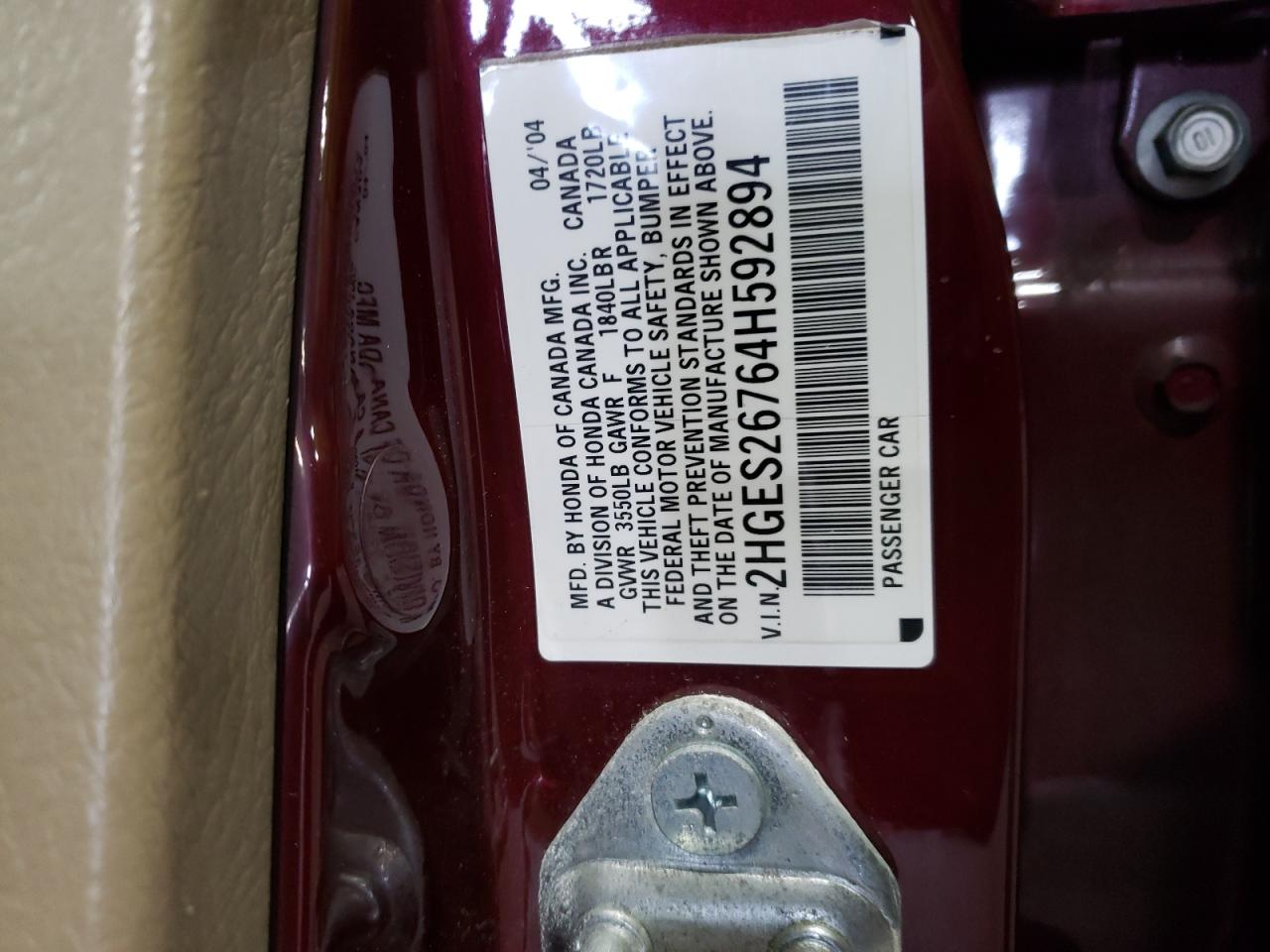 Photo 10 from auction – 2004 HONDA CIVIC with VIN 2HGES26764H592894