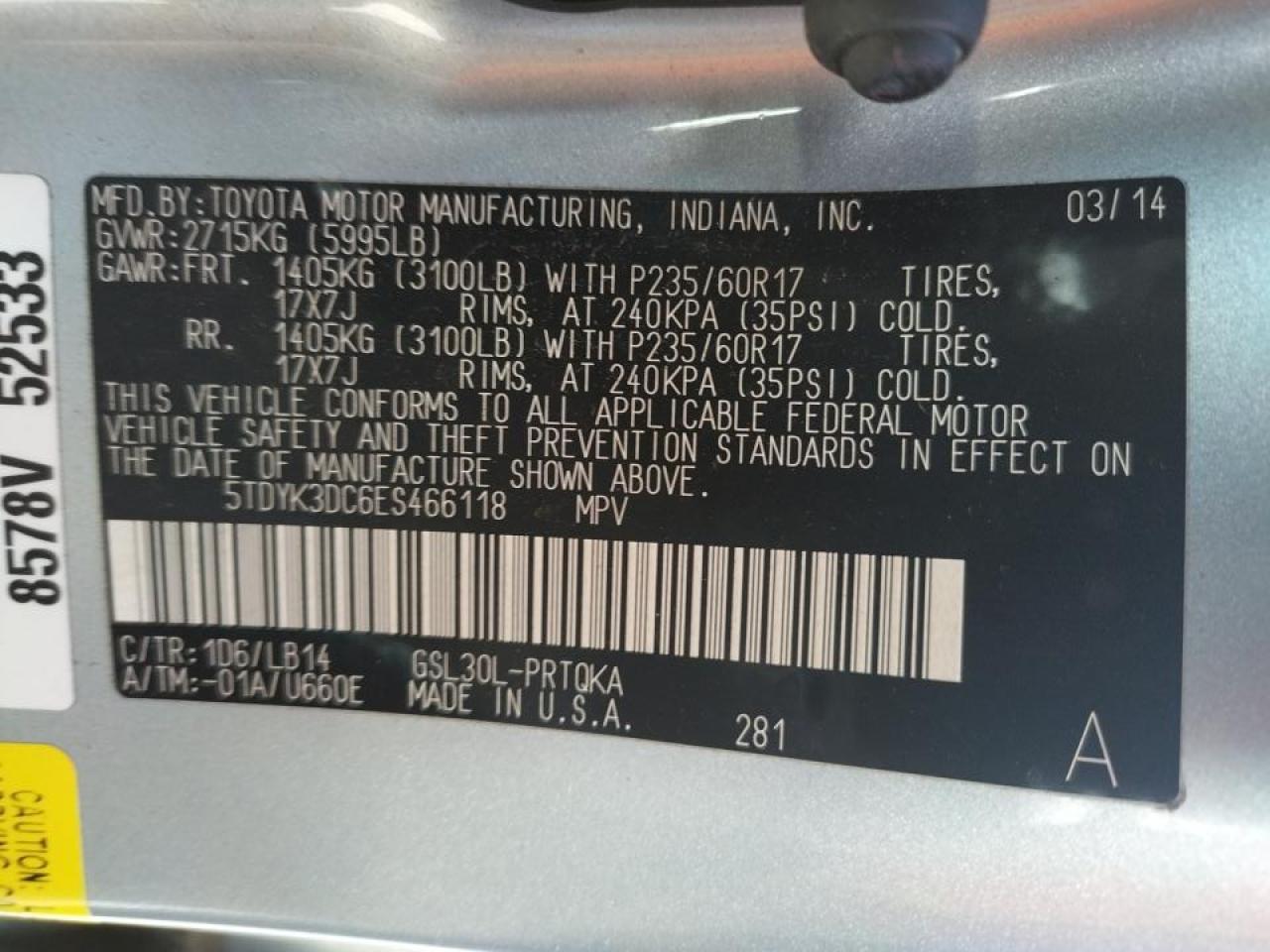 Photo 10 from auction – 2014 TOYOTA SIENNA XLE with VIN 5TDYK3DC6ES466118