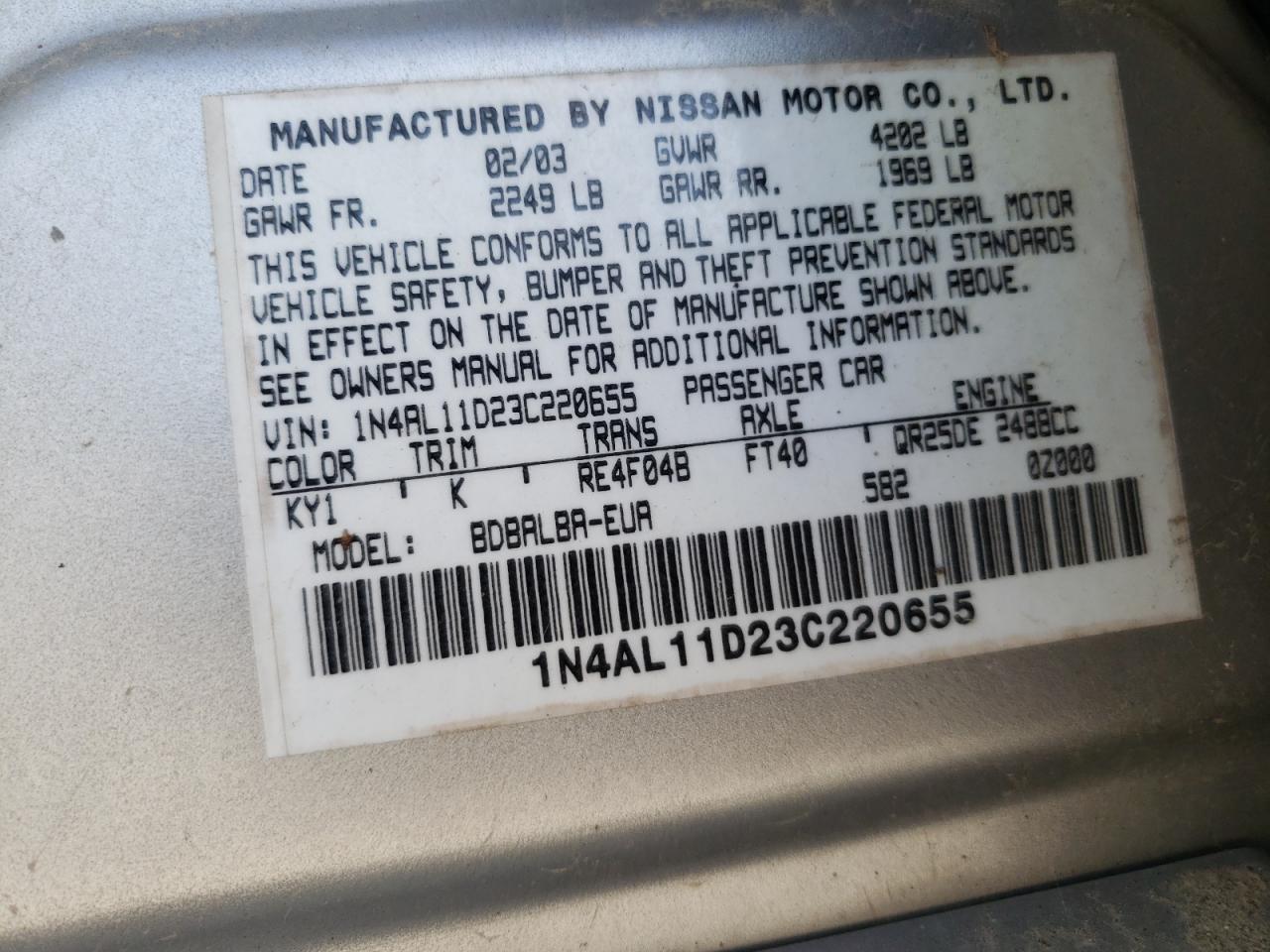 Photo 10 from auction – 2003 NISSAN ALTIMA BAS with VIN 1N4AL11D23C220655