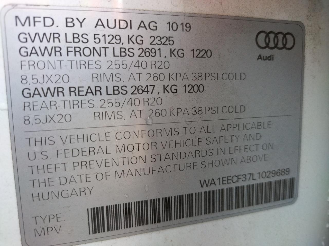 Photo 10 from auction – 2020 AUDI Q3 PREMIUM with VIN WA1EECF37L1029689