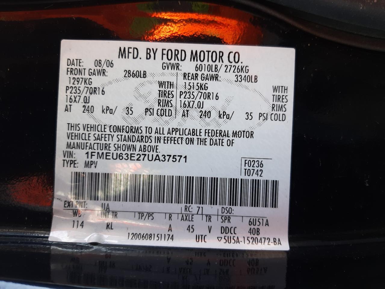 Photo 10 from auction – 2007 FORD EXPLORER X with VIN 1FMEU63E27UA37571