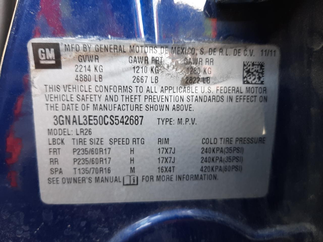 Photo 10 from auction – 2012 CHEVROLET CAPTIVA SP with VIN 3GNAL3E50CS542687
