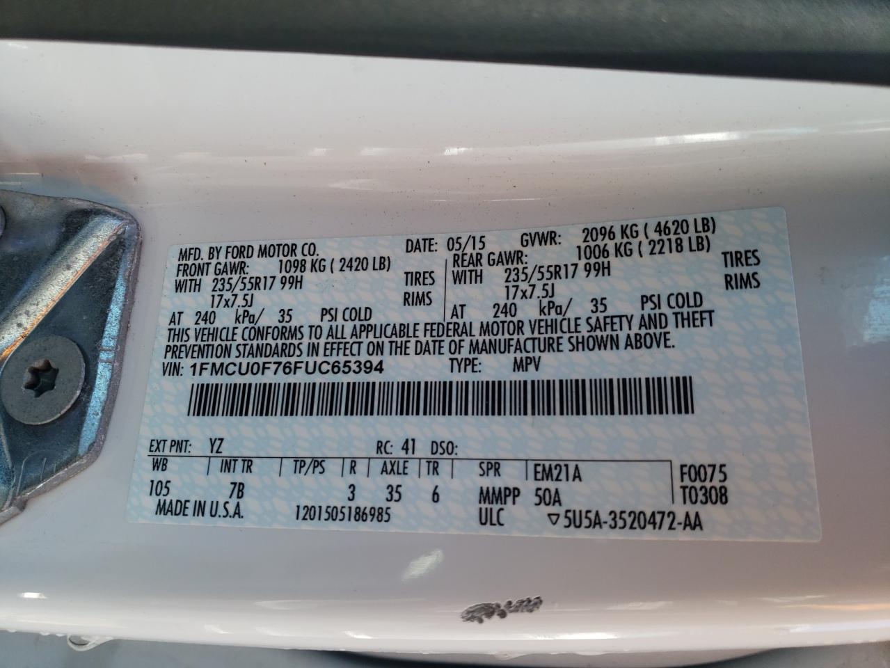 Photo 11 from auction – 2015 FORD ESCAPE S with VIN 1FMCU0F76FUC65394