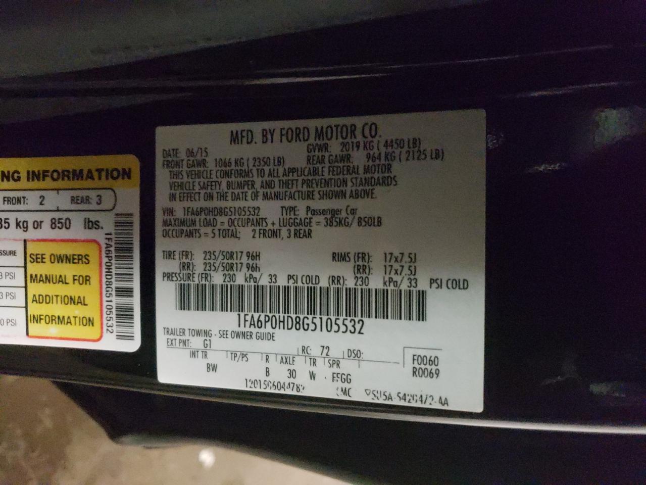 Photo 10 from auction – 2016 FORD FUSION SE with VIN 1FA6P0HD8G5105532