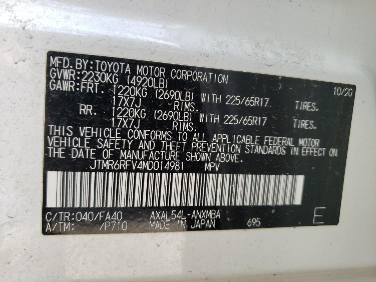Photo 10 from auction – 2021 TOYOTA RAV4 XLE with VIN JTMR6RFV4MD014981