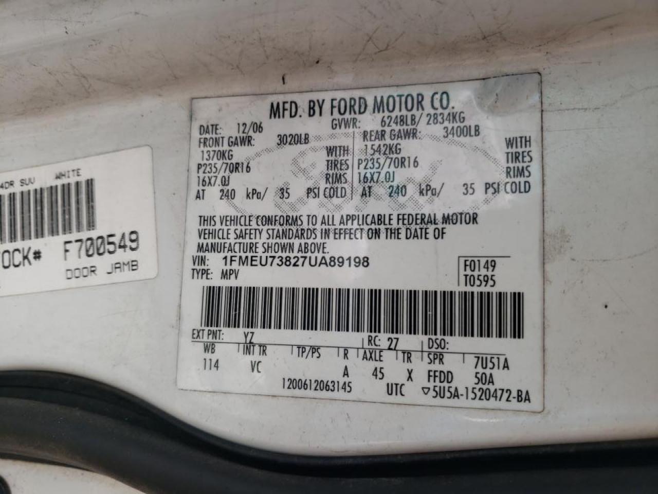 Photo 10 from auction – 2007 FORD EXPLORER X with VIN 1FMEU73827UA89198