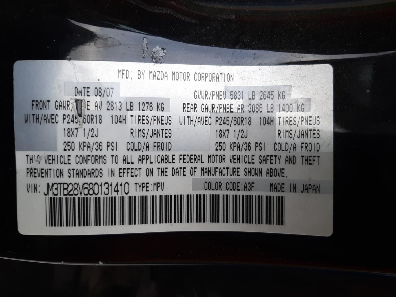 Photo 10 from auction – 2008 MAZDA CX-9 with VIN JM3TB28V680131410