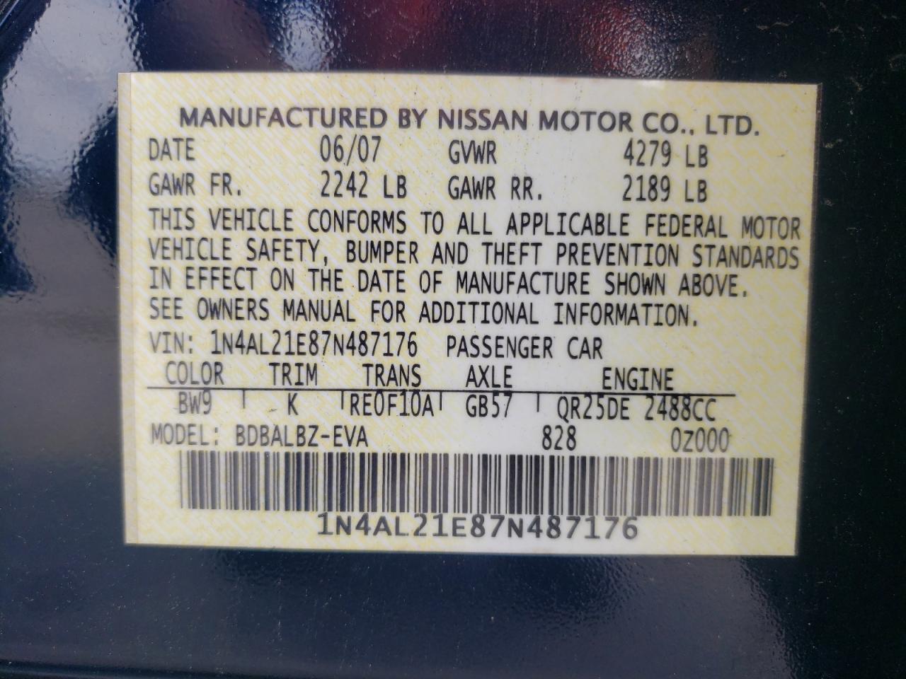 Photo 10 from auction – 2007 NISSAN ALTIMA with VIN 1N4AL21E87N487176