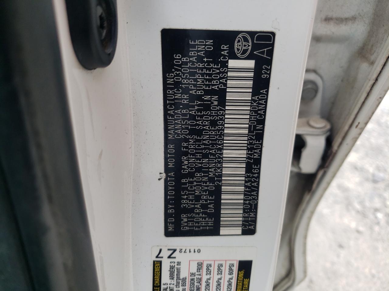 Photo 10 from auction – 2006 TOYOTA COROLLA MA with VIN 2T1KR32EX6C599397