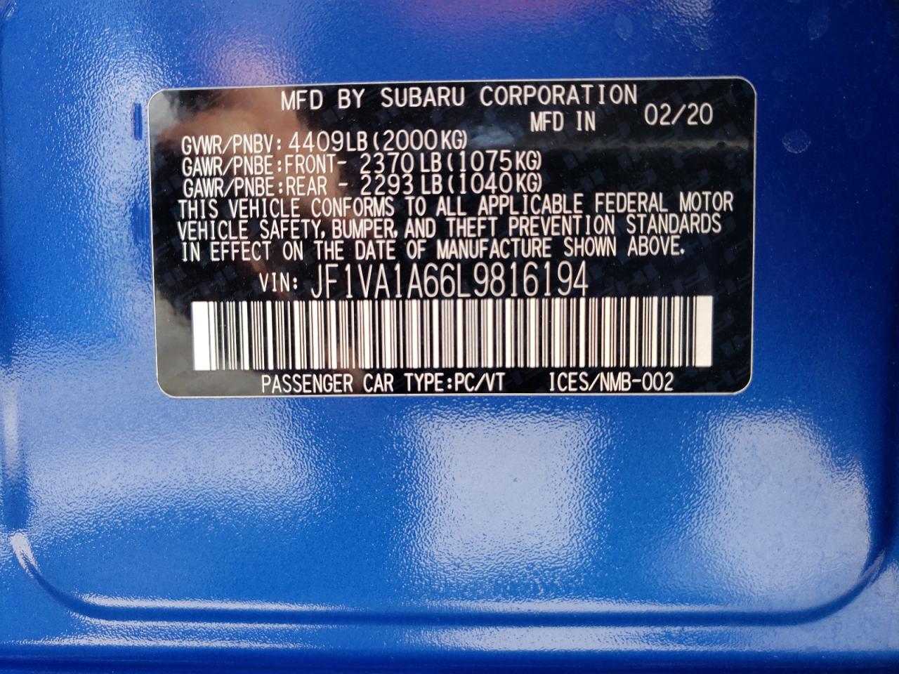 Photo 10 from auction – 2020 SUBARU WRX with VIN JF1VA1A66L9816194