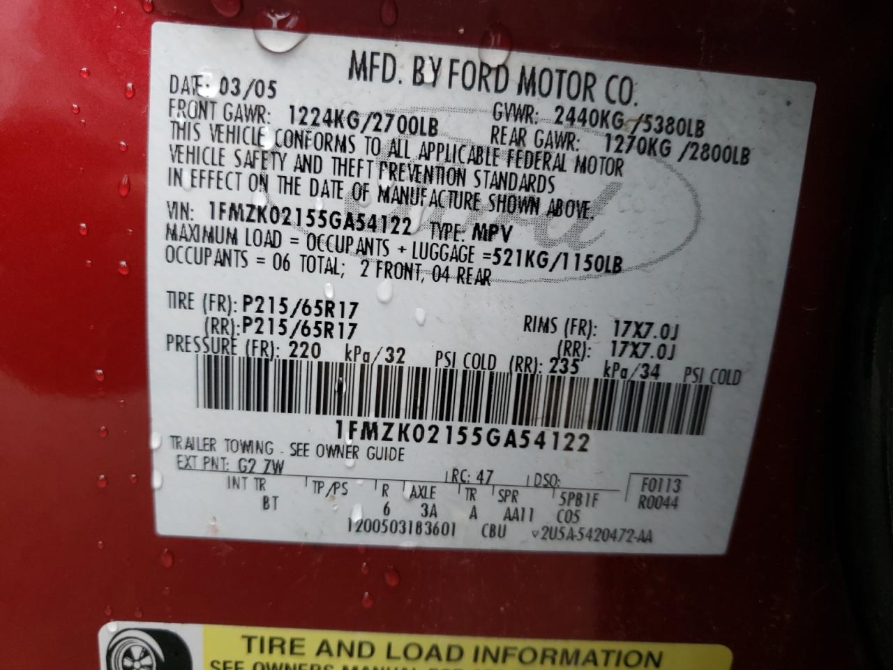 Photo 10 from auction – 2005 FORD FREESTYLE with VIN 1FMZK02155GA54122