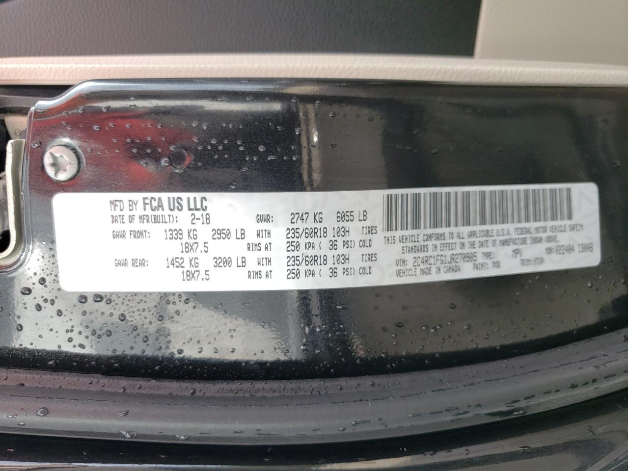 Photo 10 from auction – 2018 CHRYSLER PACIFICA T with VIN 2C4RC1FG1JR270905