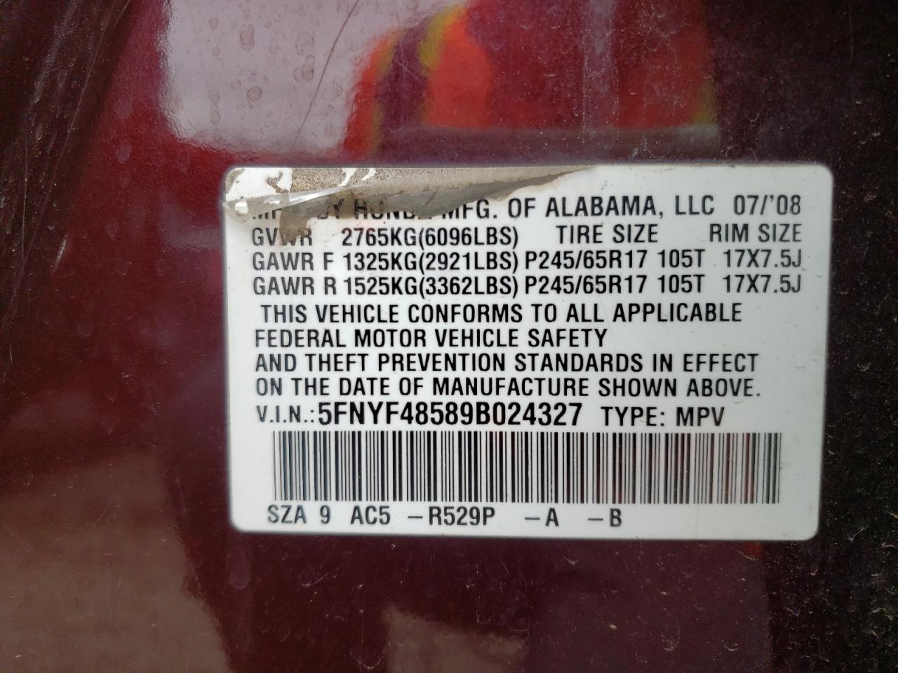 Photo 10 from auction – 2009 HONDA PILOT EXL with VIN 5FNYF48589B024327