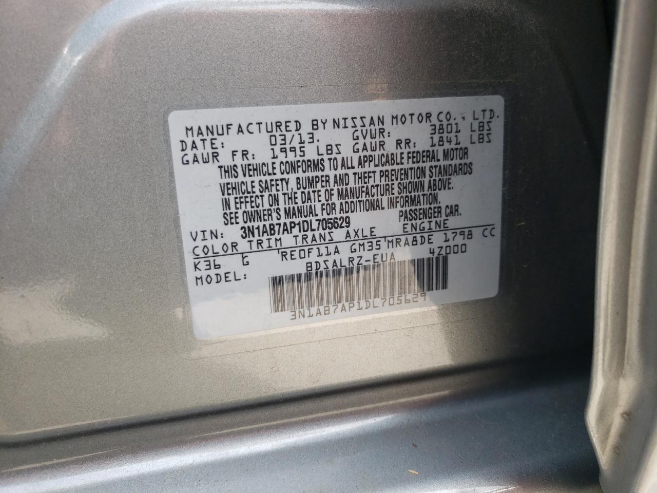Photo 10 from auction – 2013 NISSAN SENTRA S with VIN 3N1AB7AP1DL705629