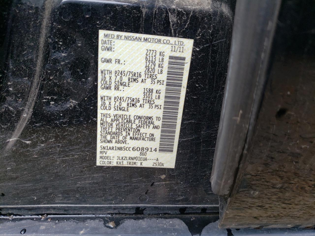 Photo 10 from auction – 2012 NISSAN PATHFINDER with VIN 5N1AR1NB5CC608914