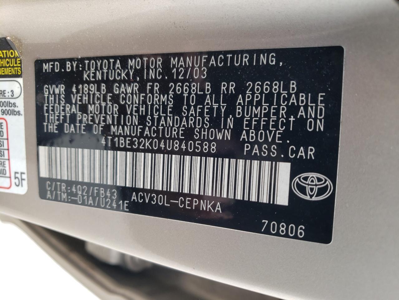 Photo 10 from auction – 2004 TOYOTA CAMRY LE with VIN 4T1BE32K04U840588