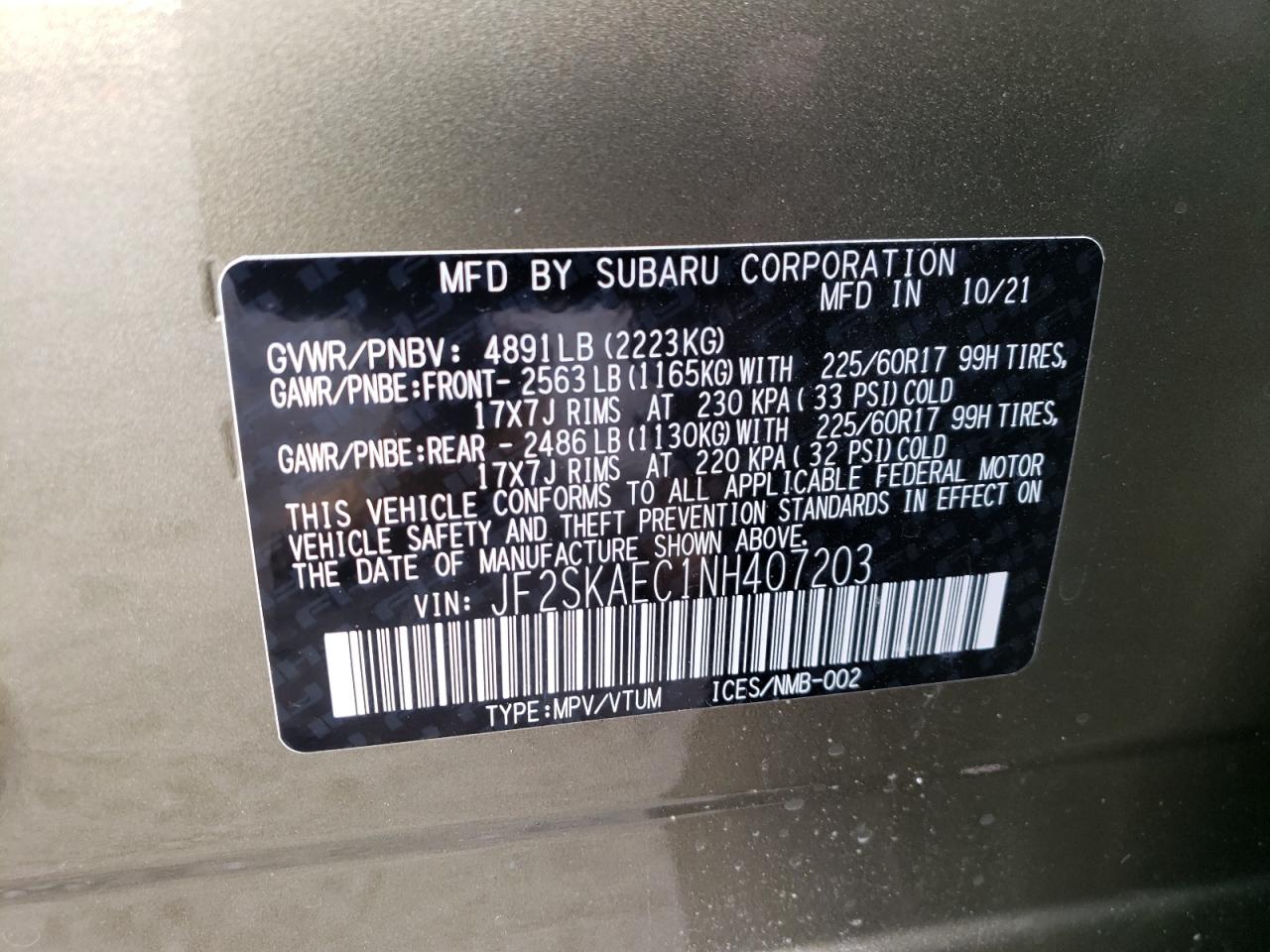 Photo 10 from auction – 2022 SUBARU FORESTER with VIN JF2SKAEC1NH407203