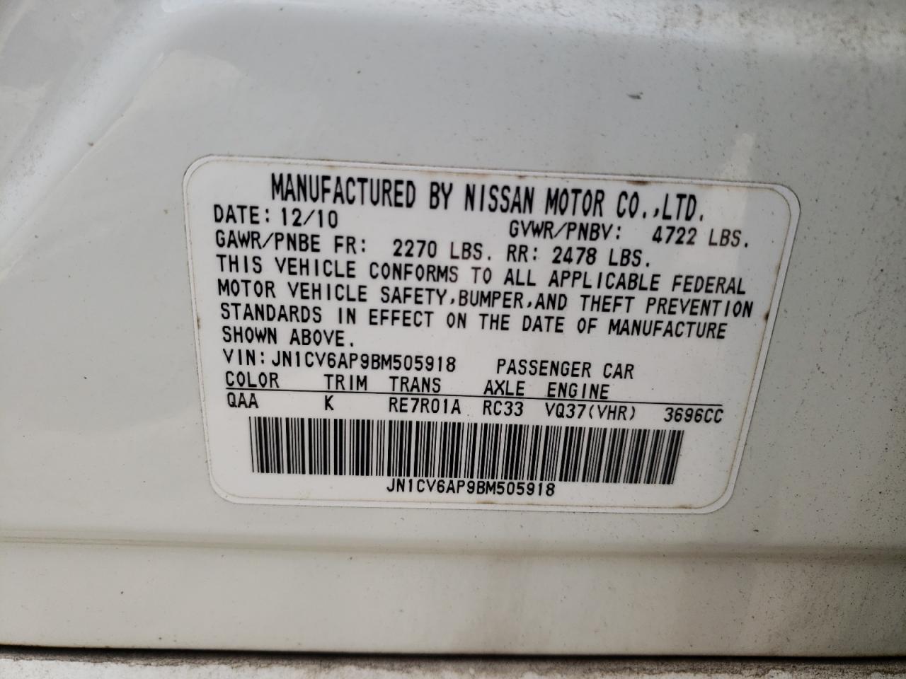 Photo 10 from auction – 2011 INFINITI G37 BASE with VIN JN1CV6AP9BM505918