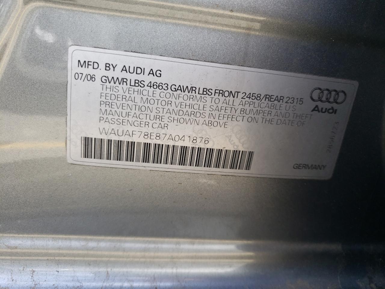 Photo 10 from auction – 2007 AUDI A4 2 with VIN WAUAF78E87A041876