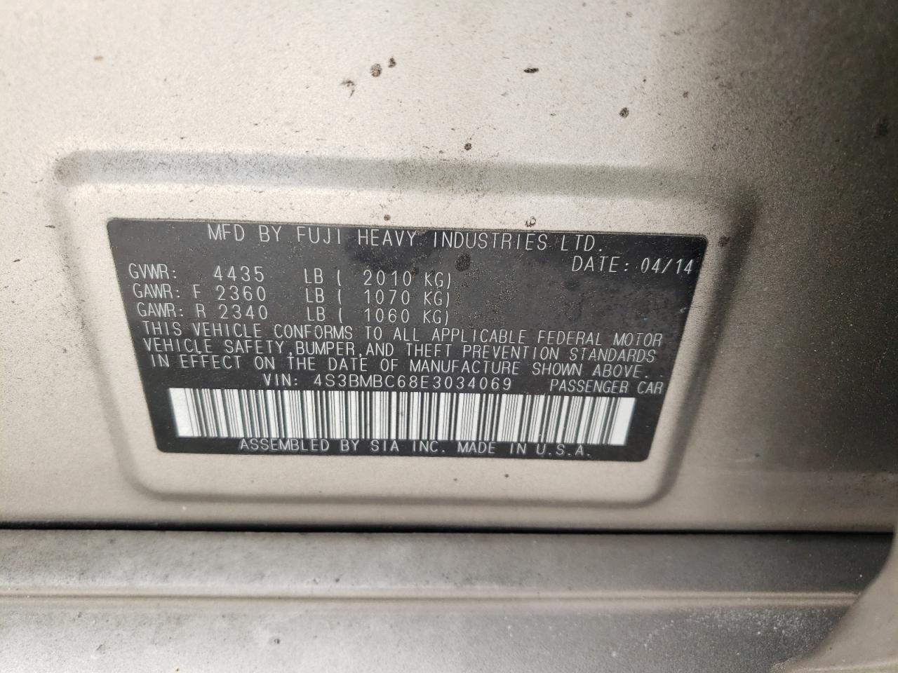 Photo 10 from auction – 2014 SUBARU LEGACY 2.5 with VIN 4S3BMBC68E3034069