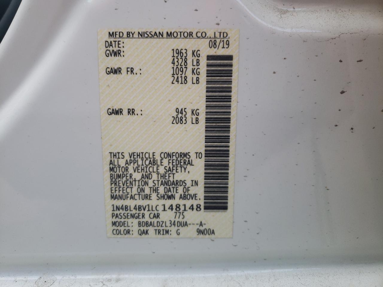 Photo 10 from auction – 2020 NISSAN ALTIMA S with VIN 1N4BL4BV1LC148148