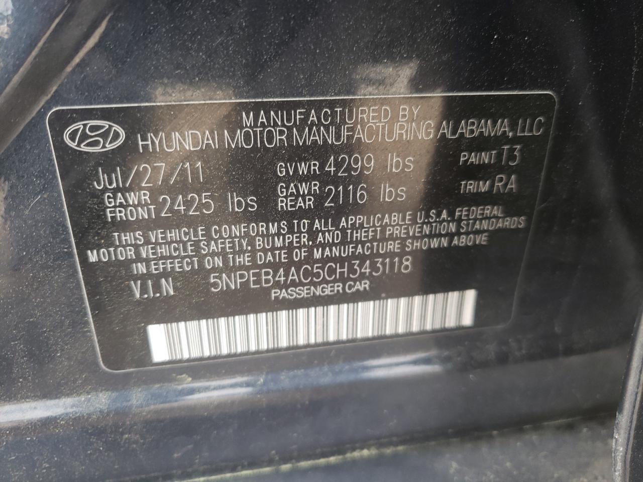 Photo 10 from auction – 2012 HYUNDAI SONATA GLS with VIN 5NPEB4AC5CH343118