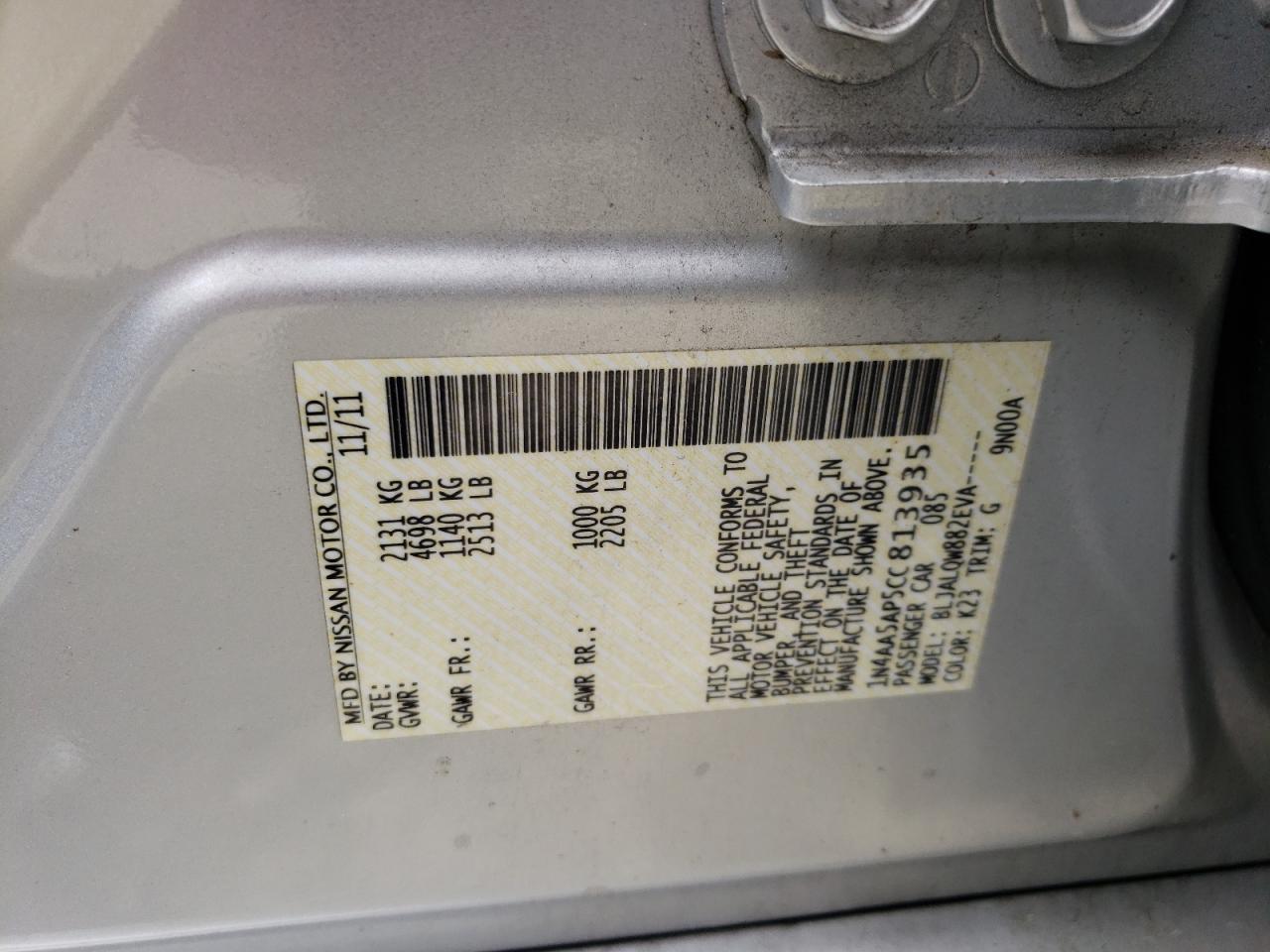 Photo 10 from auction – 2012 NISSAN MAXIMA S with VIN 1N4AA5AP5CC813935