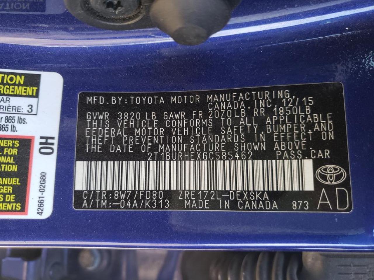 Photo 10 from auction – 2016 TOYOTA COROLLA L with VIN 2T1BURHEXGC585462