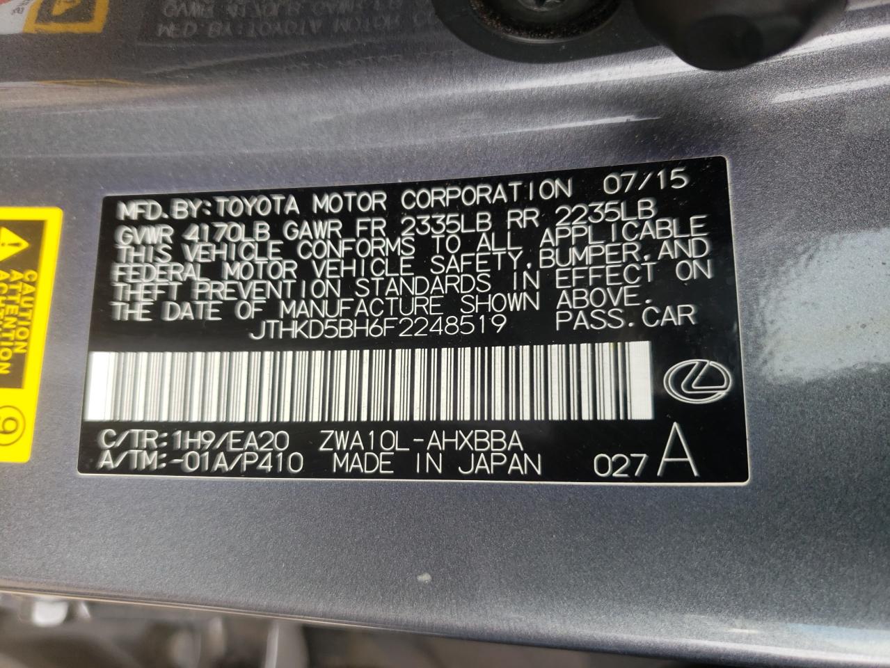 Photo 10 from auction – 2015 LEXUS CT 200 with VIN JTHKD5BH6F2248519