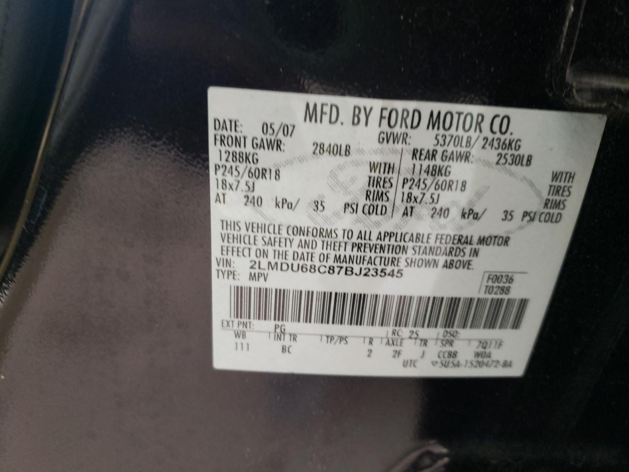 Photo 10 from auction – 2007 LINCOLN MKX with VIN 2LMDU68C87BJ23545