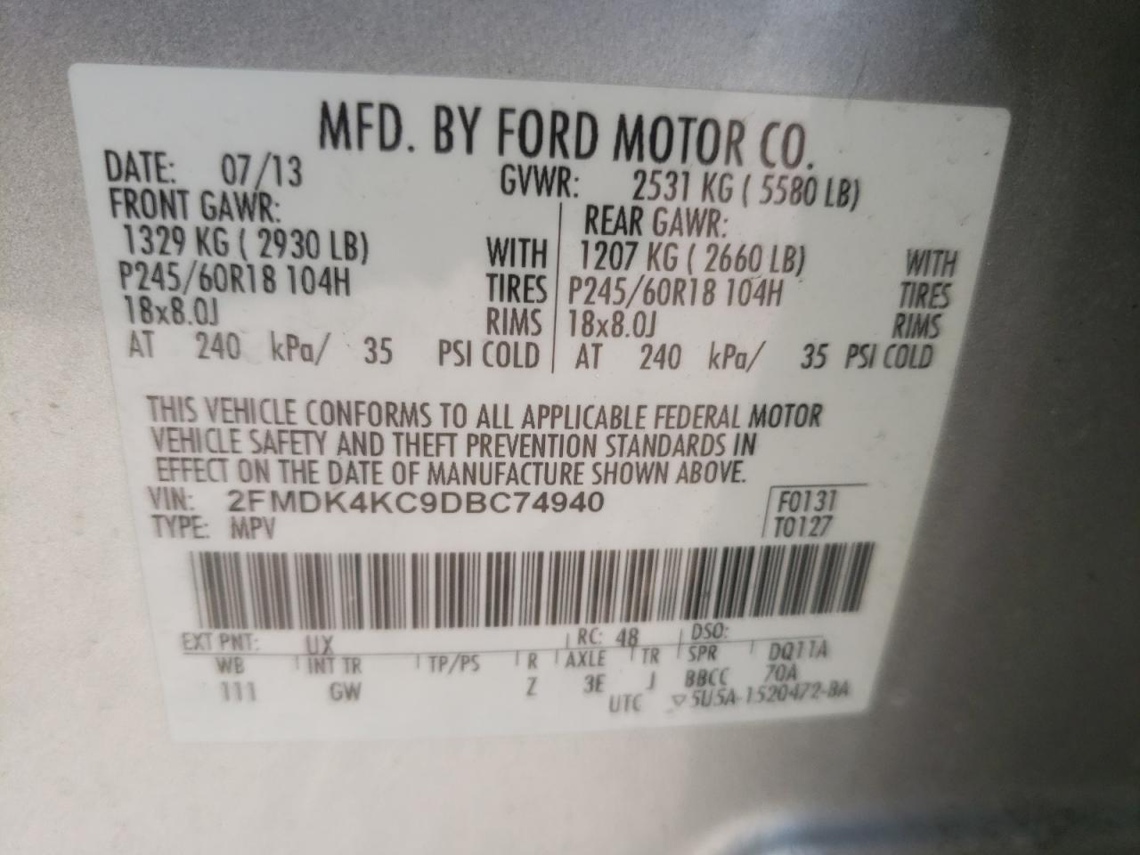 Photo 10 from auction – 2013 FORD EDGE LIMIT with VIN 2FMDK4KC9DBC74940