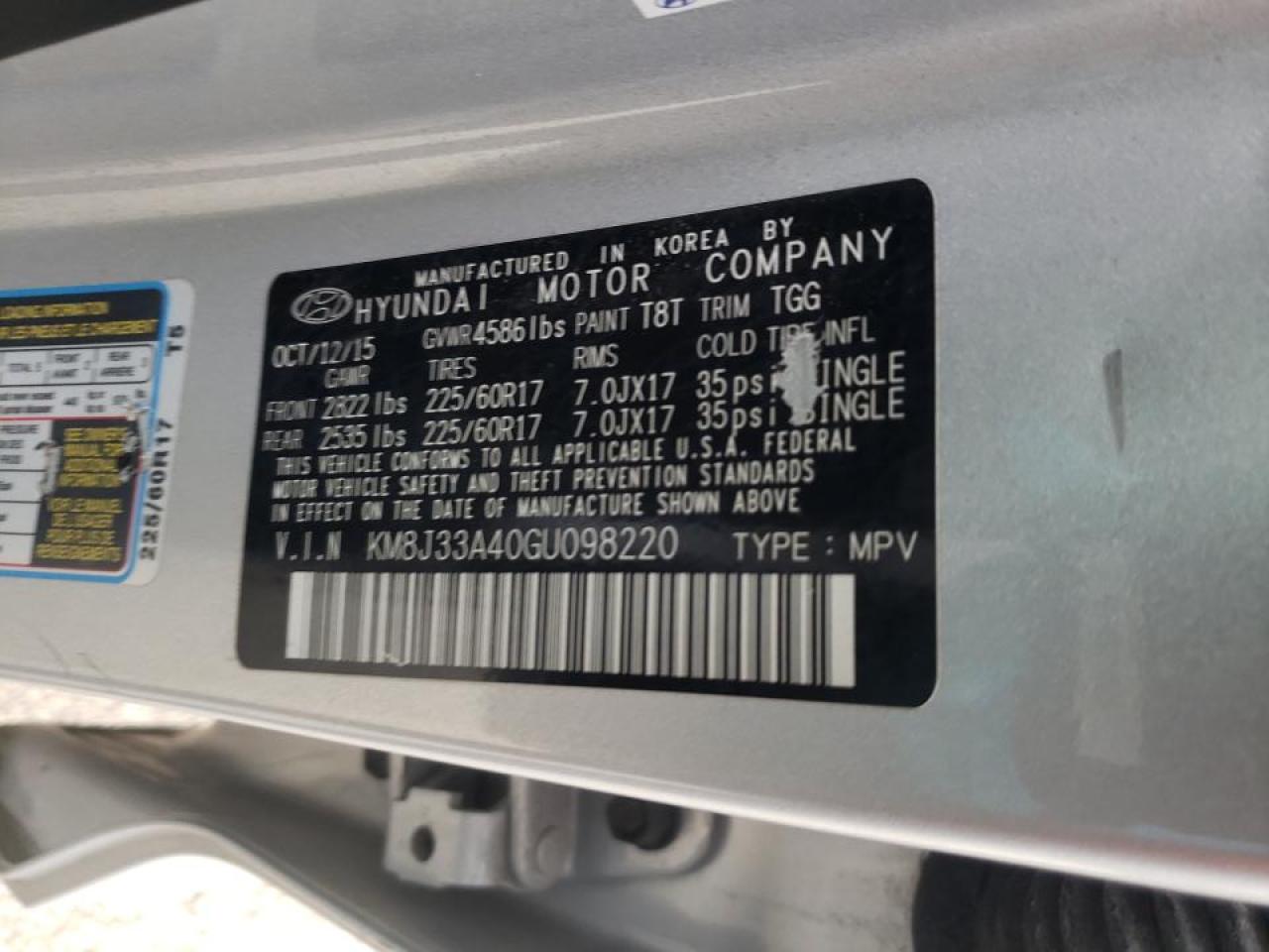 Photo 10 from auction – 2016 HYUNDAI TUCSON LIM with VIN KM8J33A40GU098220