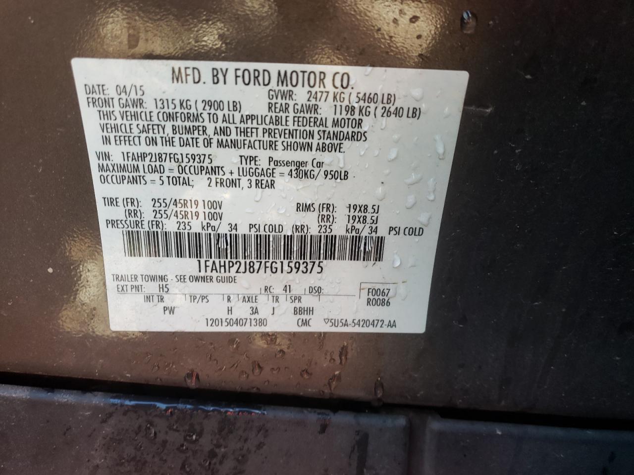 Photo 10 from auction – 2015 FORD TAURUS LIM with VIN 1FAHP2J87FG159375