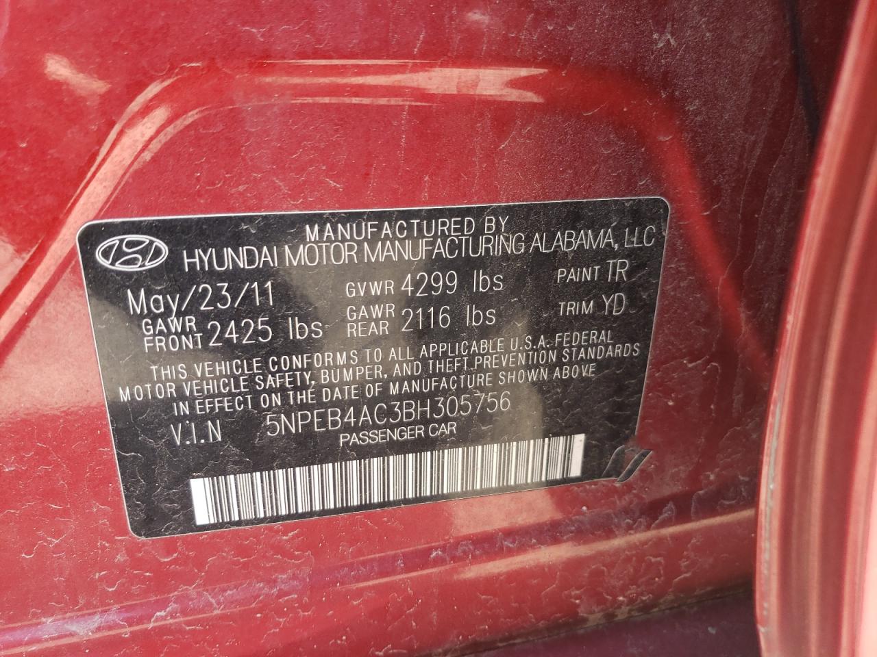 Photo 10 from auction – 2011 HYUNDAI SONATA GLS with VIN 5NPEB4AC3BH305756