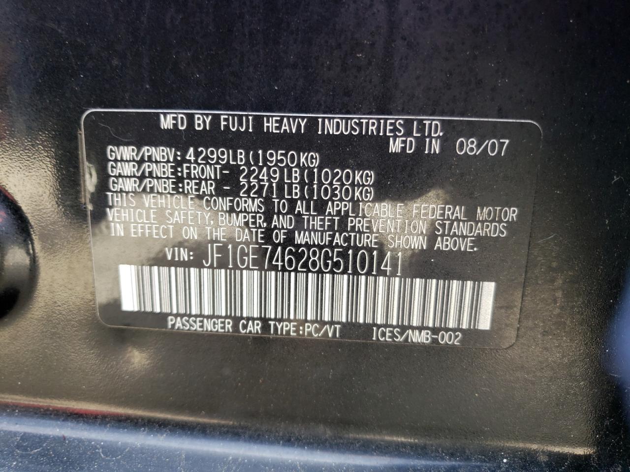 Photo 10 from auction – 2008 SUBARU IMPREZA WR with VIN JF1GE74628G510141
