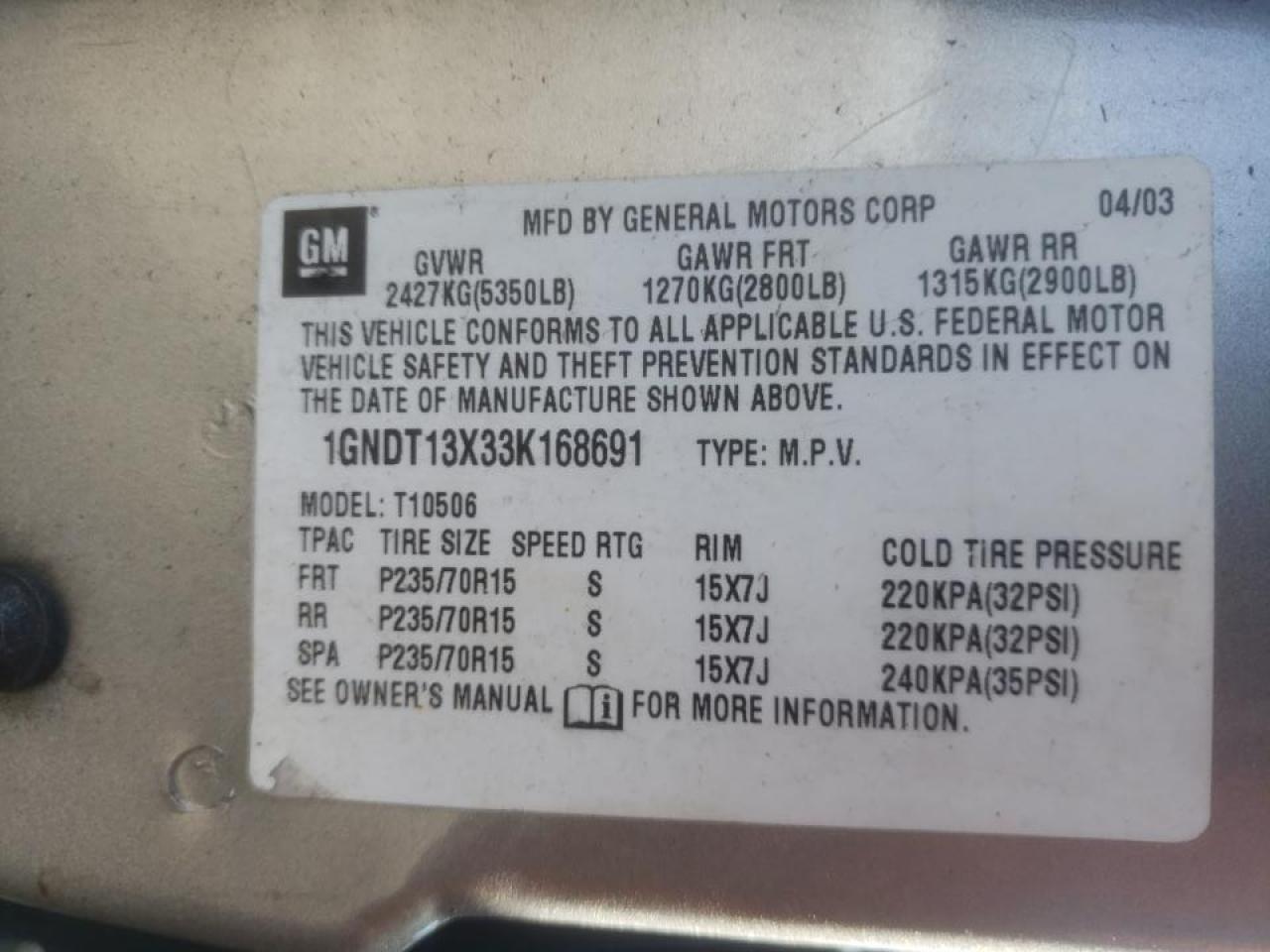Photo 10 from auction – 2003 CHEVROLET BLAZER with VIN 1GNDT13X33K168691