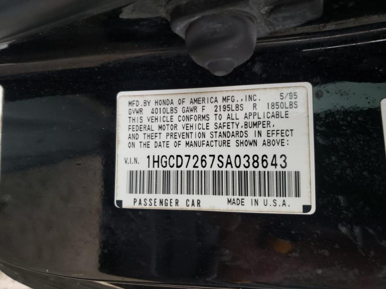 Photo 10 from auction – 1995 HONDA ACCORD EX with VIN 1HGCD7267SA038643