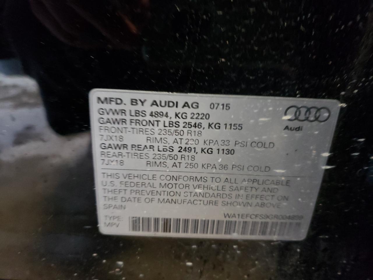 Photo 10 from auction – 2016 AUDI Q3 PREMIUM with VIN WA1EFCFS9GR004899