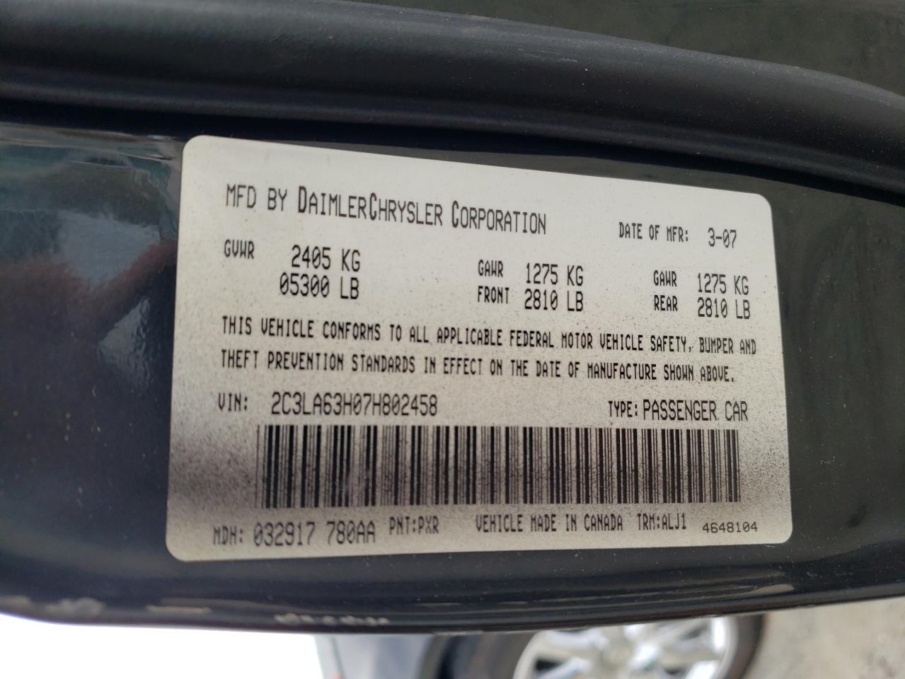 Photo 10 from auction – 2007 CHRYSLER 300C with VIN 2C3LA63H07H802458
