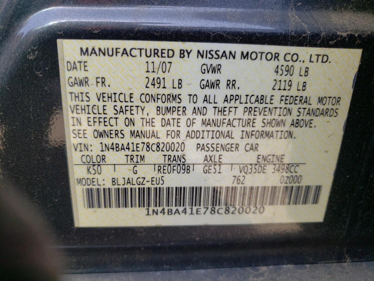 Photo 10 from auction – 2008 NISSAN MAXIMA SE with VIN 1N4BA41E78C820020