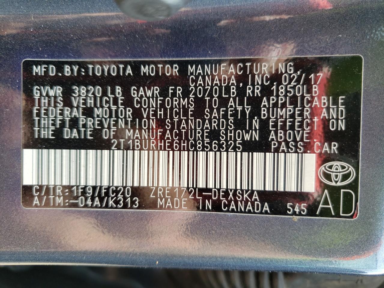 Photo 10 from auction – 2017 TOYOTA COROLLA L with VIN 2T1BURHE6HC856325