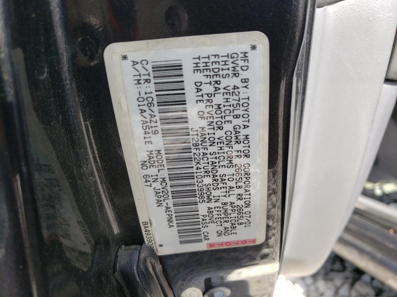 Photo 10 from auction – 2001 TOYOTA CAMRY CE with VIN JT2BF22K410339985