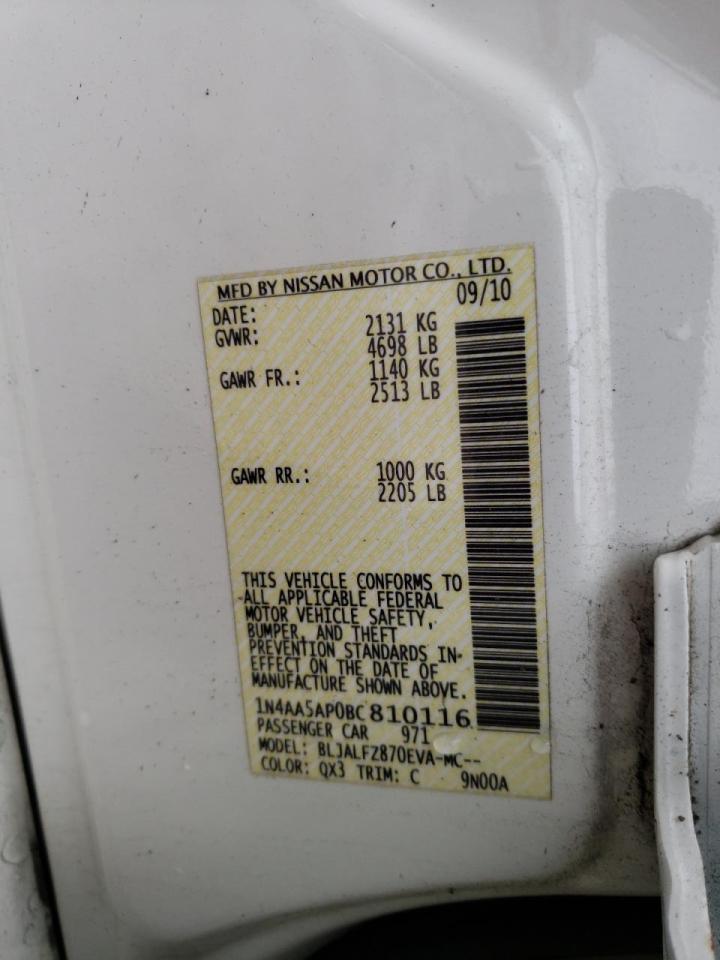 Photo 10 from auction – 2011 NISSAN MAXIMA S with VIN 1N4AA5AP0BC810116